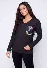 Load image into Gallery viewer, Black: Winter Bouquet printed back long sleeve top
