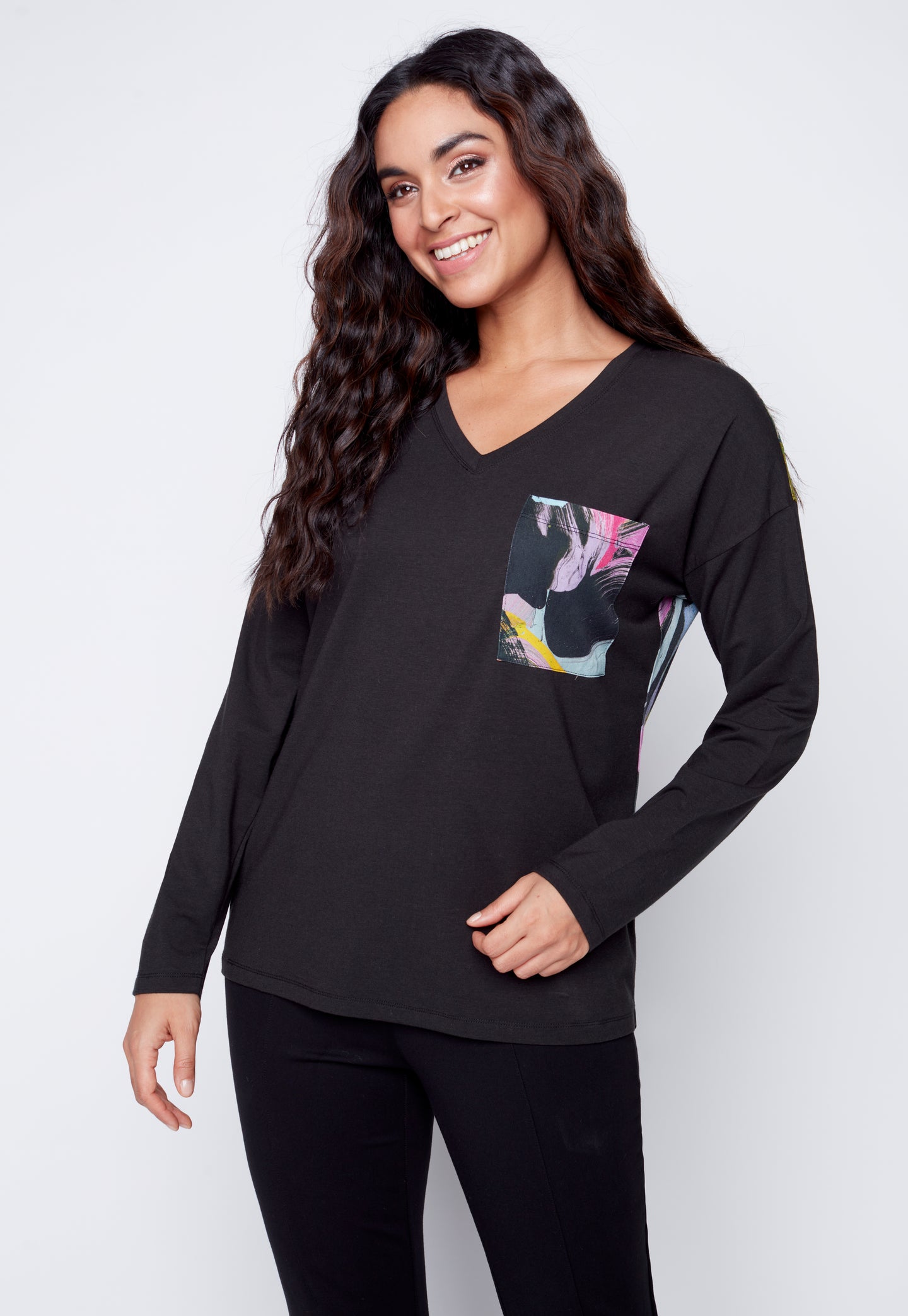Black: Winter Bouquet printed back long sleeve top