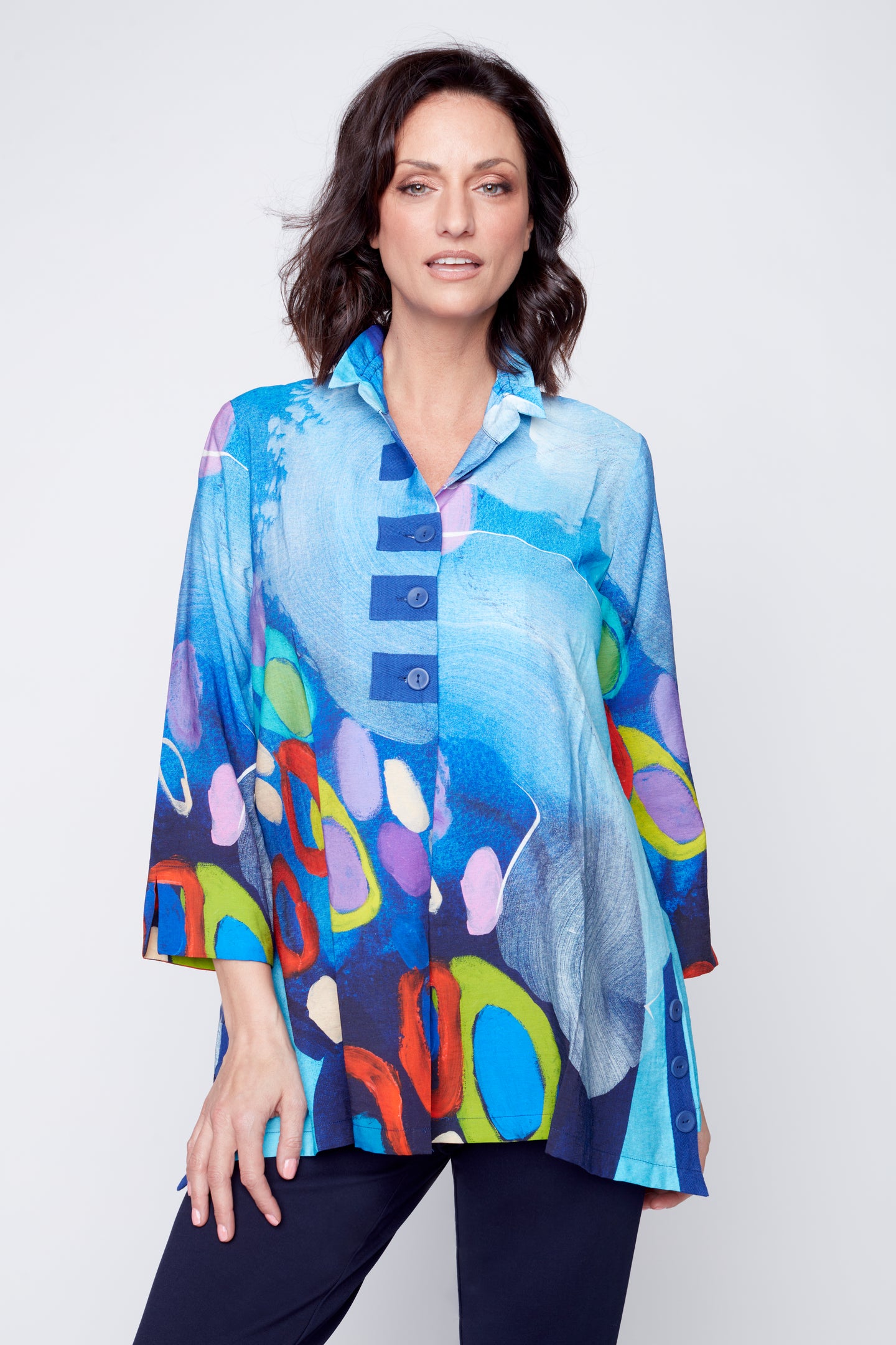 Rush of Love 3/4-length sleeve button front blouse with frill collar