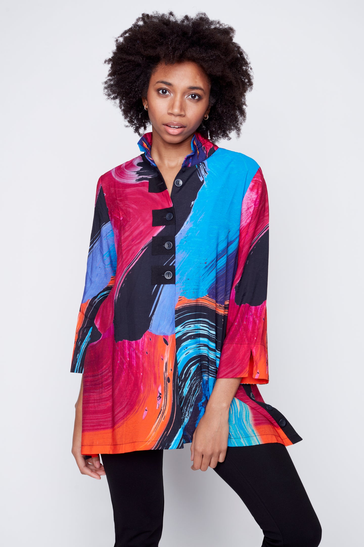 Just Say It 3/4-length sleeve button front blouse with frill collar