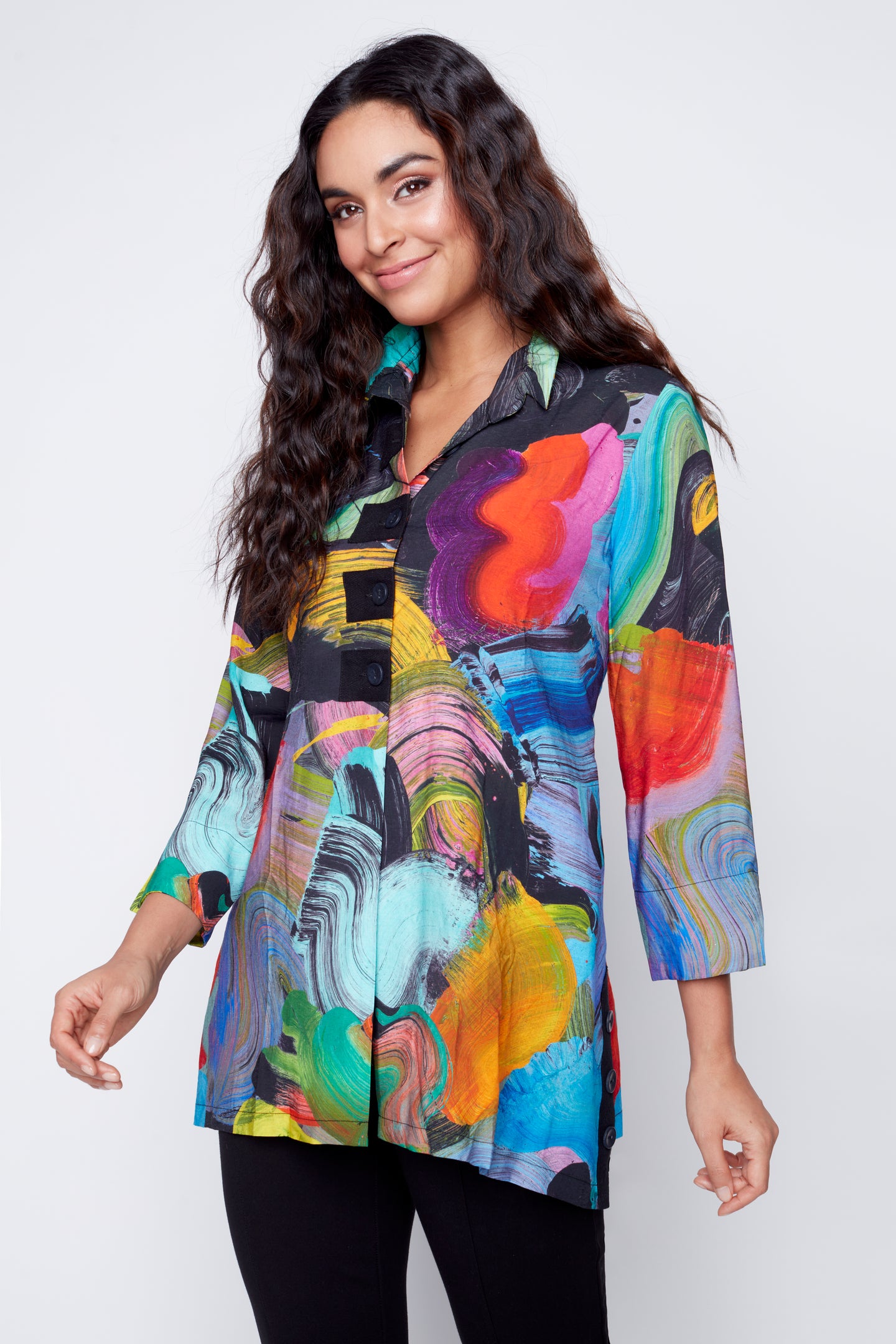 Winter Bouquet 3/4-length sleeve button front blouse with frill collar