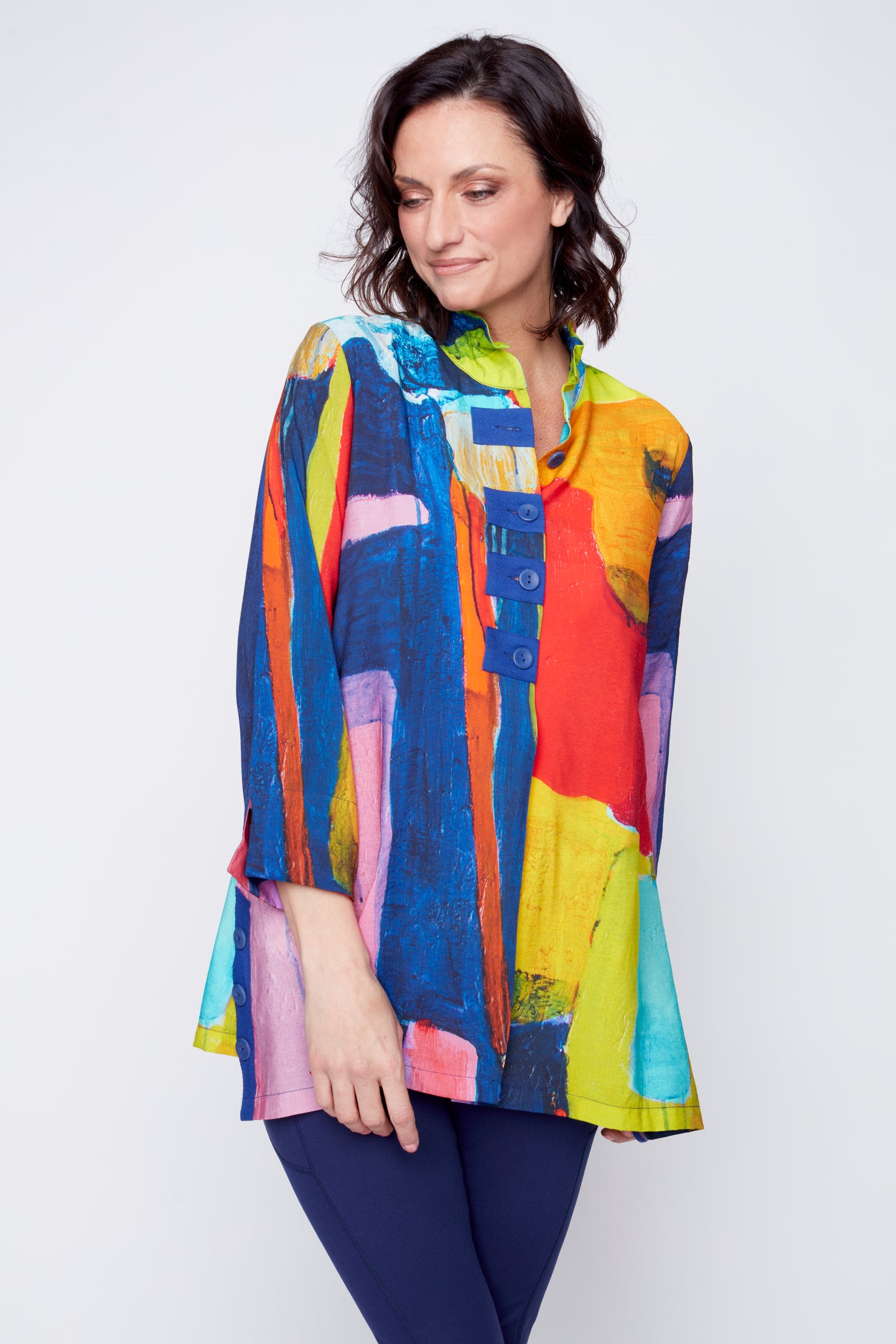 Home Run 3/4-length sleeve button front blouse with frill collar