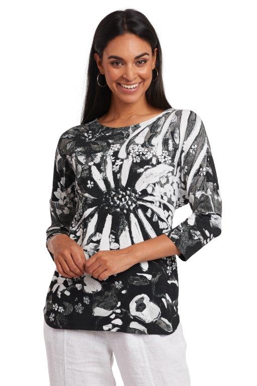 Garden In Black & White 3/4 Sleeve Top with Round Neck