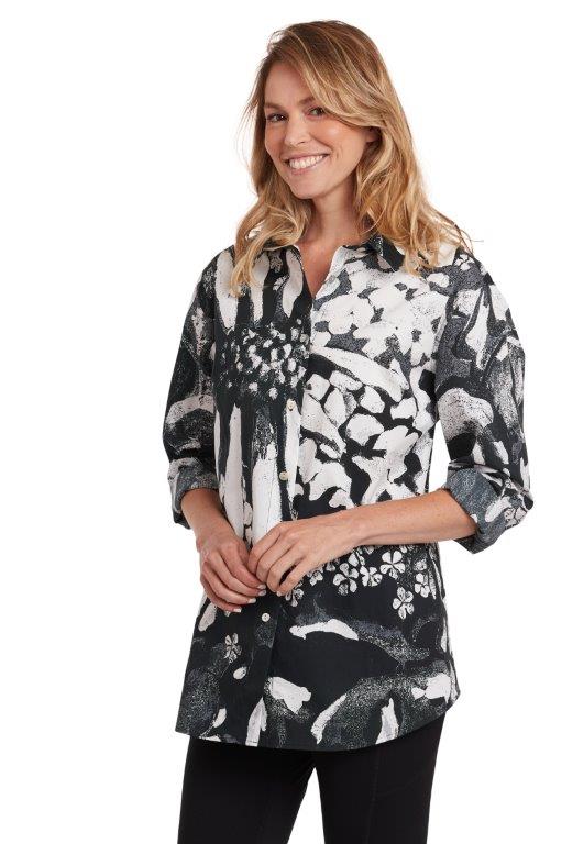 Garden In Black & White Button Front Blouse