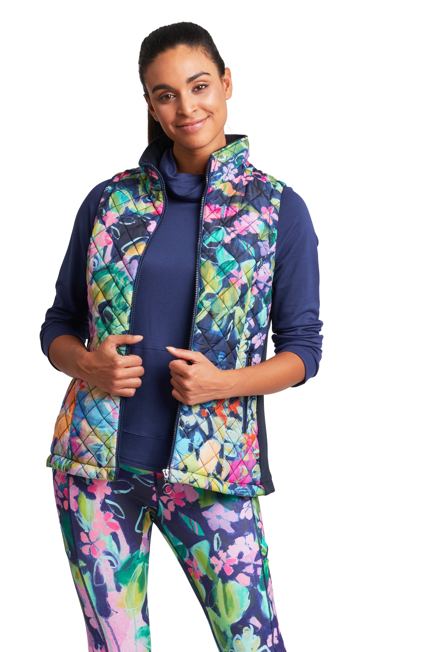 Not Klimt's Apple Tree quilted zip front vest with ribbed side pannels