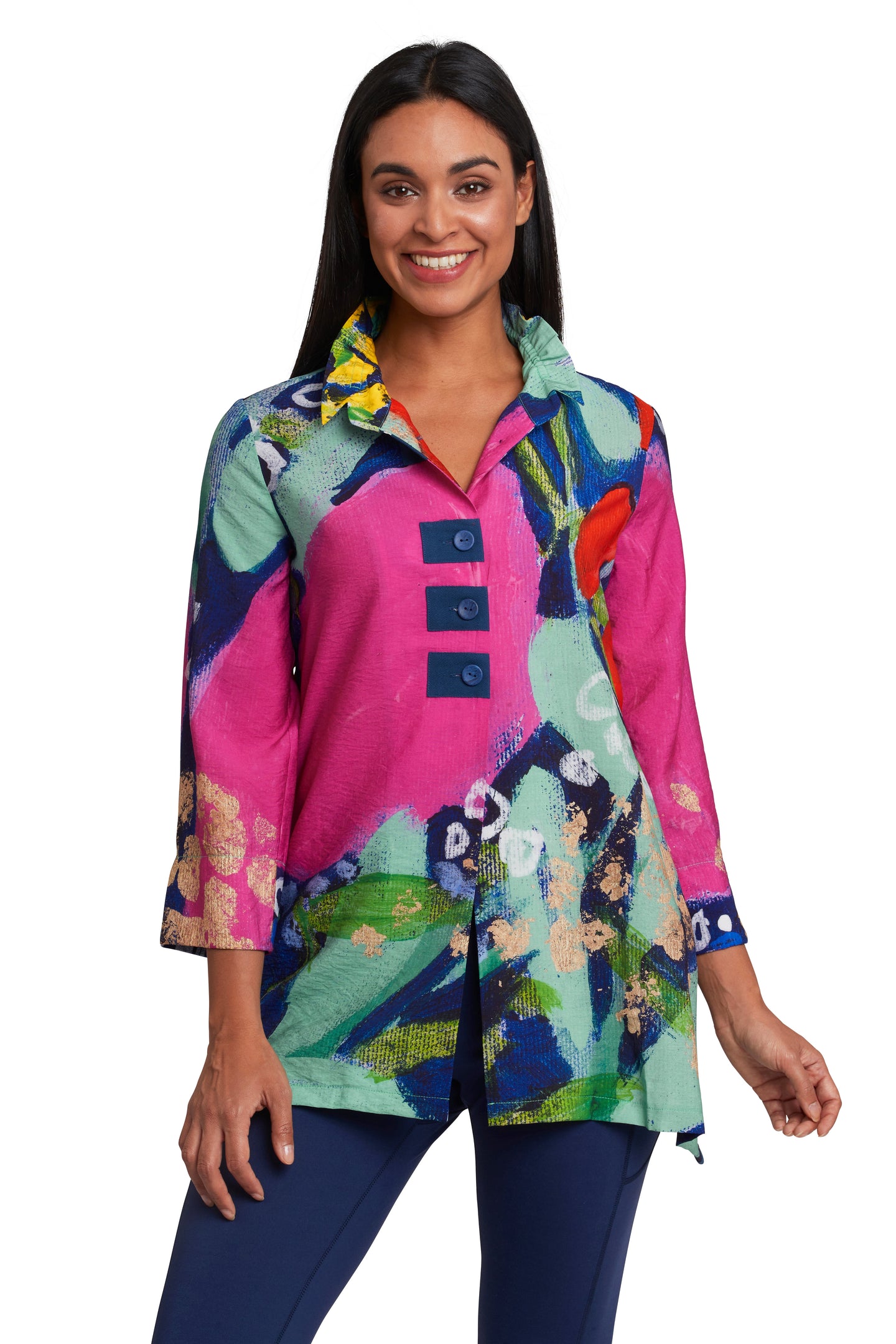 A Little Sparkle 3/4 sleeve button front blouse with wire collar detail