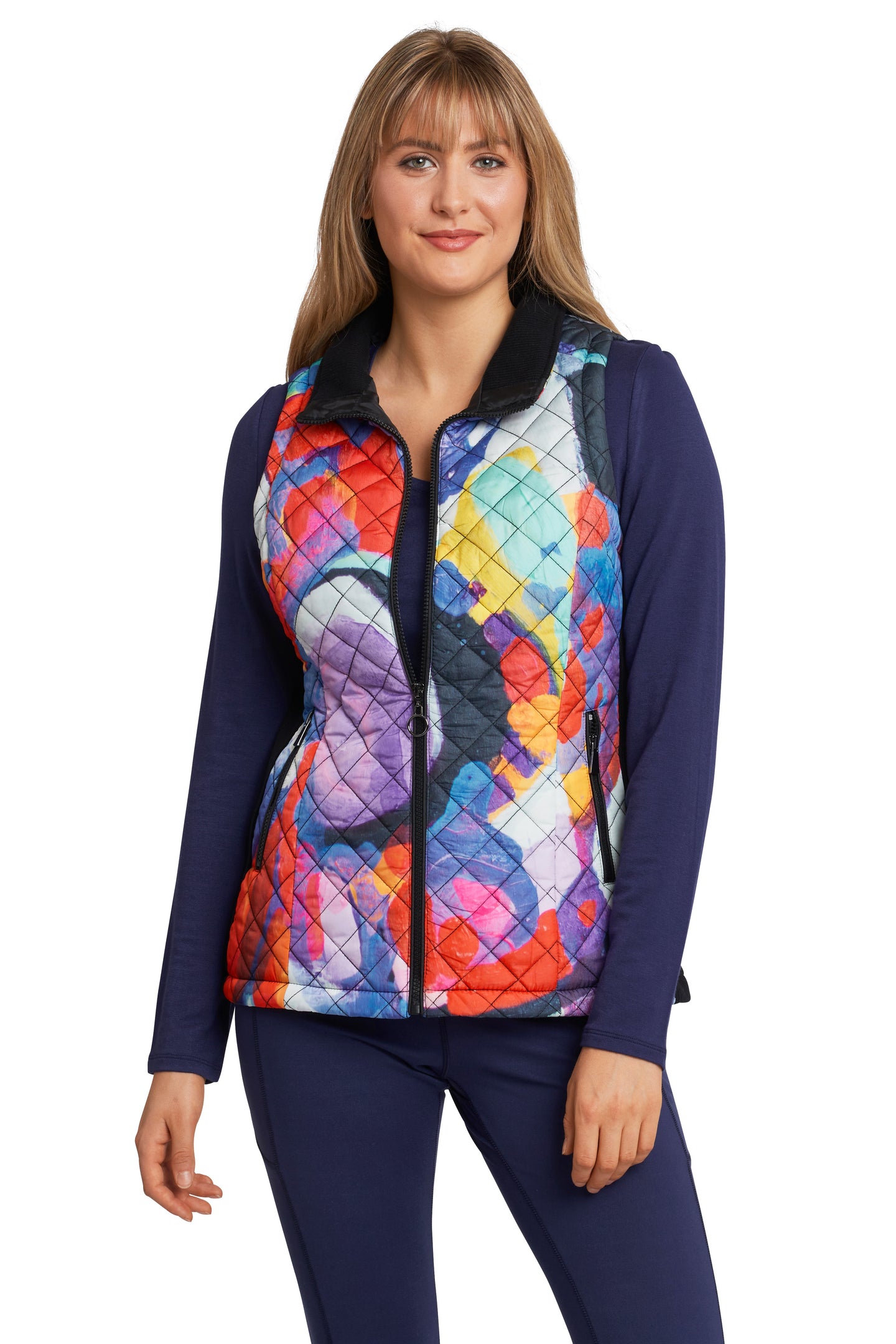 Try Me quilted zip front vest with ribbed side panels