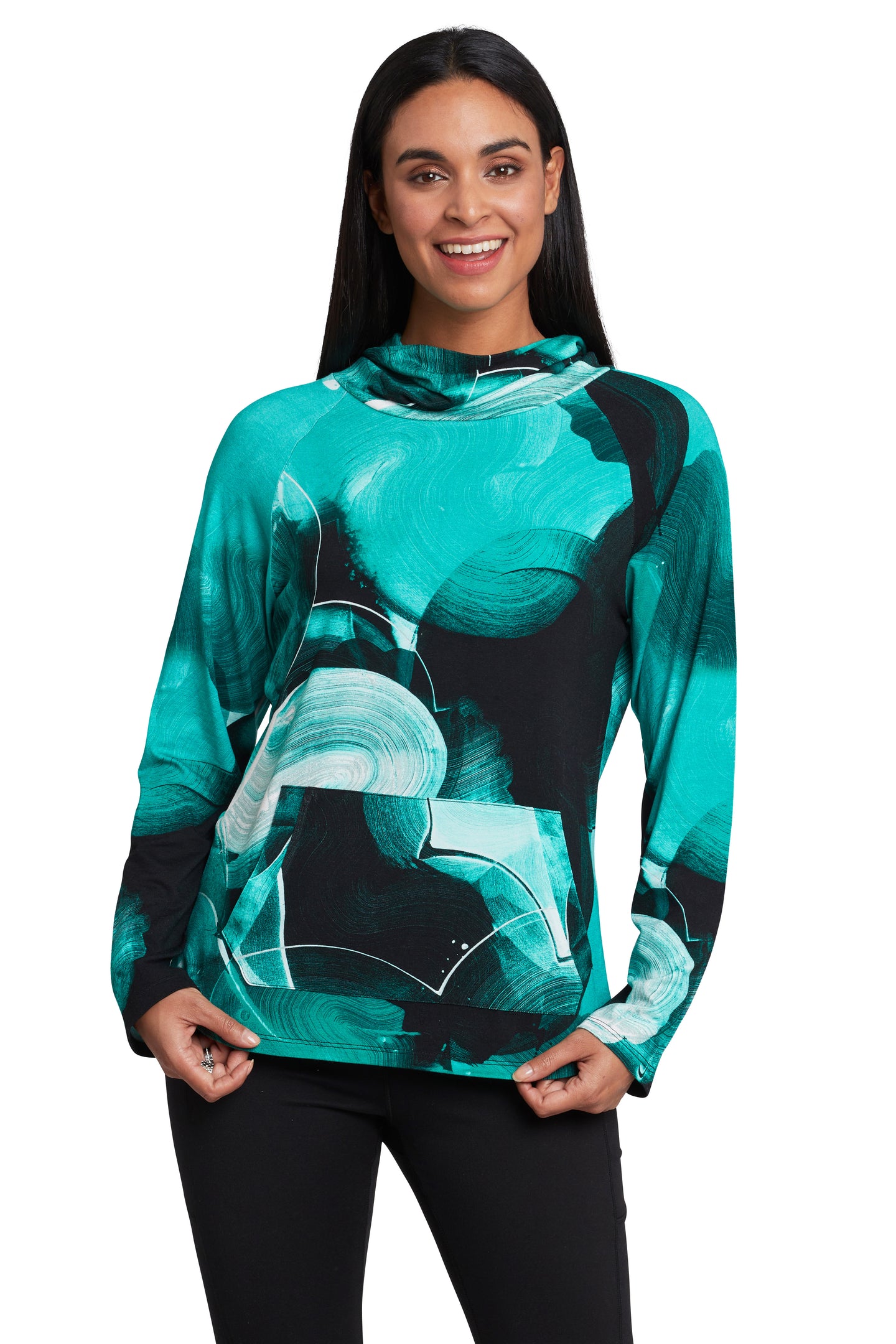Emeralds cowl neck long sleeve top with kangaroo pouch